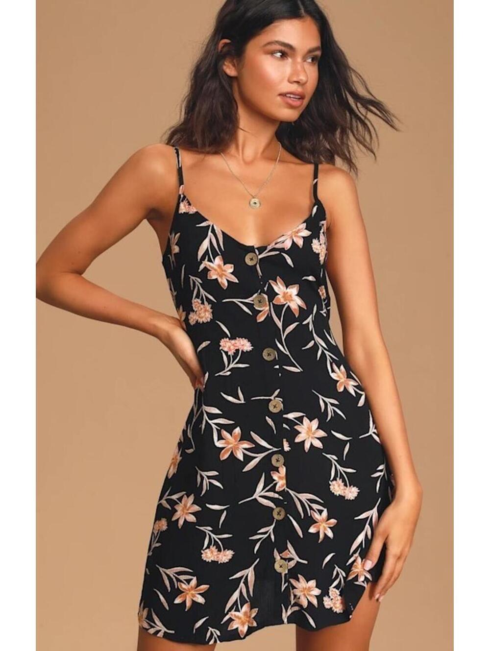 Billabong Women's Sweet For Ya Black Floral Button Mini Slip Dress Size S